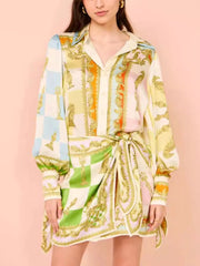 Printed Lantern Sleeve Shirt Dress OutfitFlow