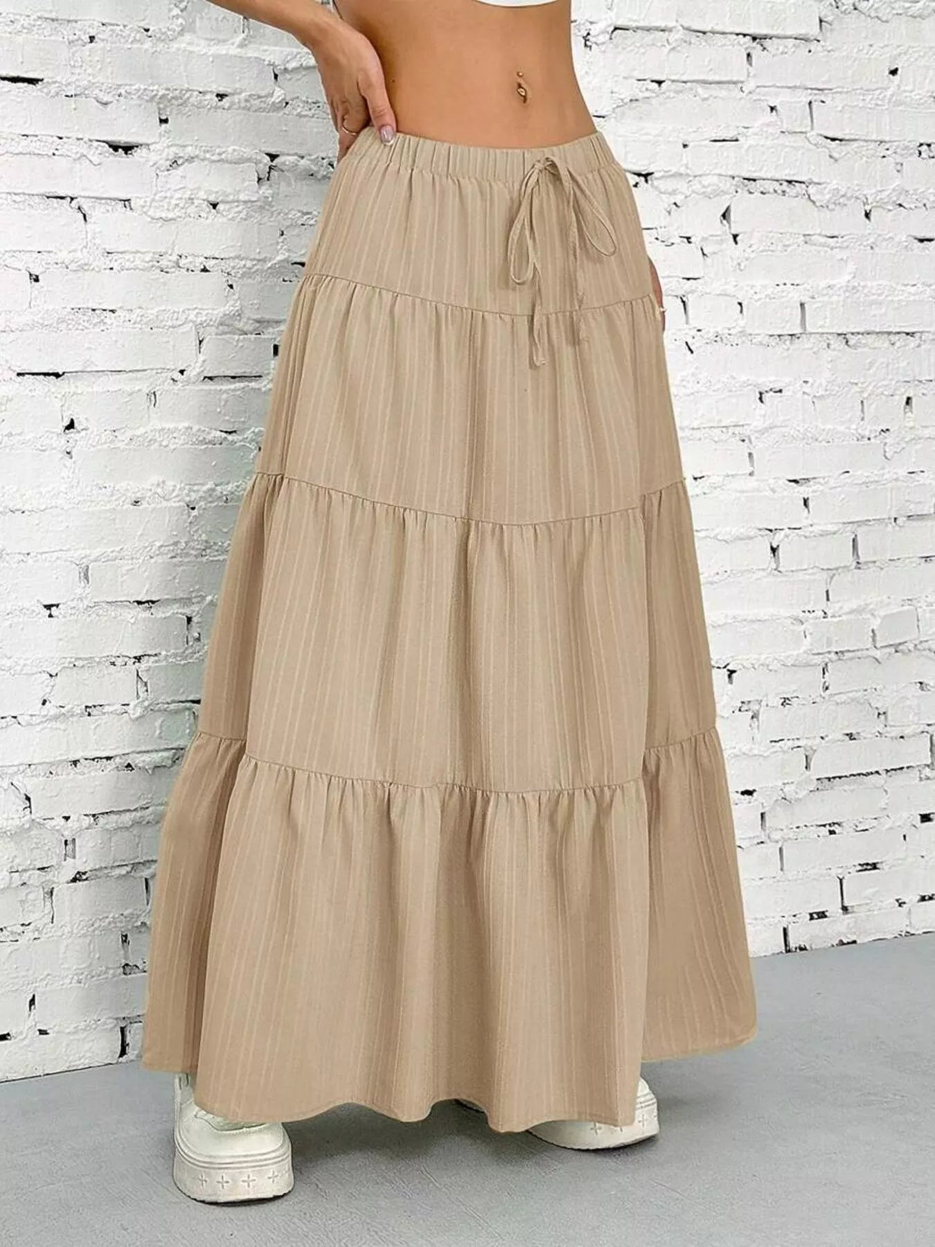 Flowy Tiered Maxi Skirt Khaki OutfitFlow