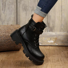 Lace-Up Buckle Accent Block Heel Boots Trendsi