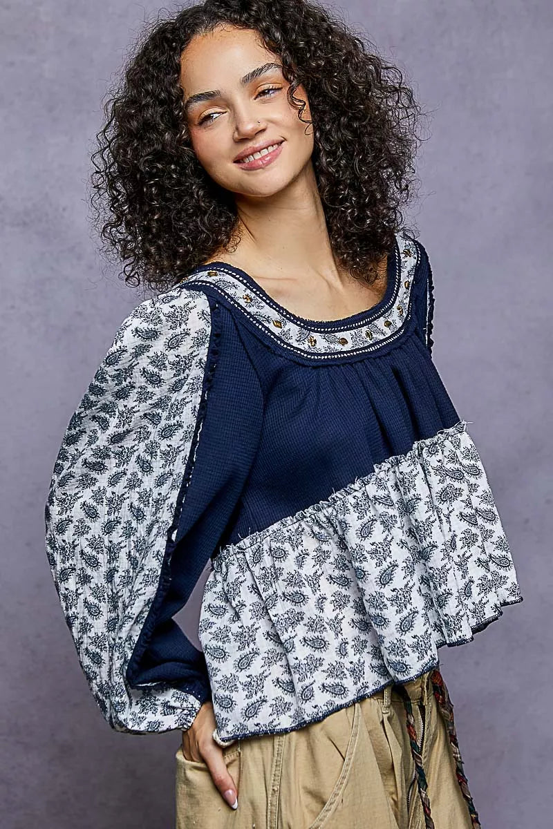 POL Paisley Scoop Neck Balloon Sleeve Cropped Blouse with Stud Detail OutfitFlow
