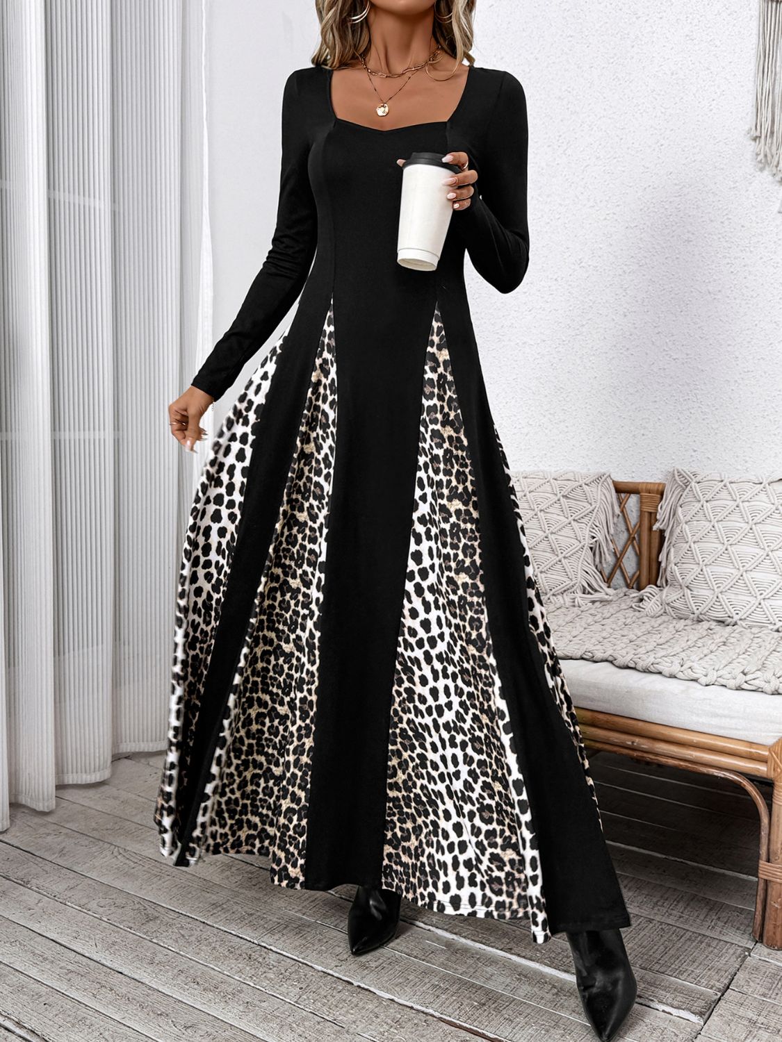 Outfit Flow - Perfee Leopard Square Neck Long Sleeve Maxi Dress