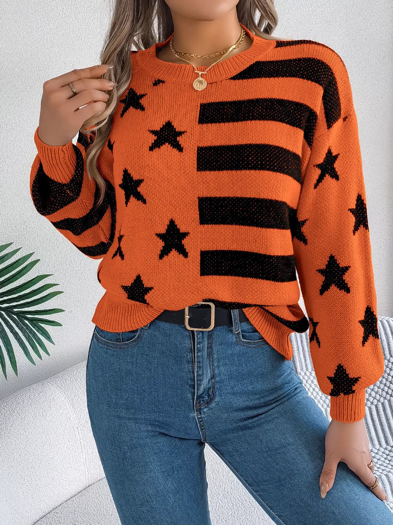 Stars and Stripes Pattern Casual Round Neck Sweater OutfitFlow
