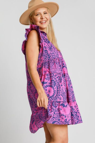 Umgee Full Size Printed Ruffle Cap Sleeve Babydoll Dress Plus Size OutfitFlow