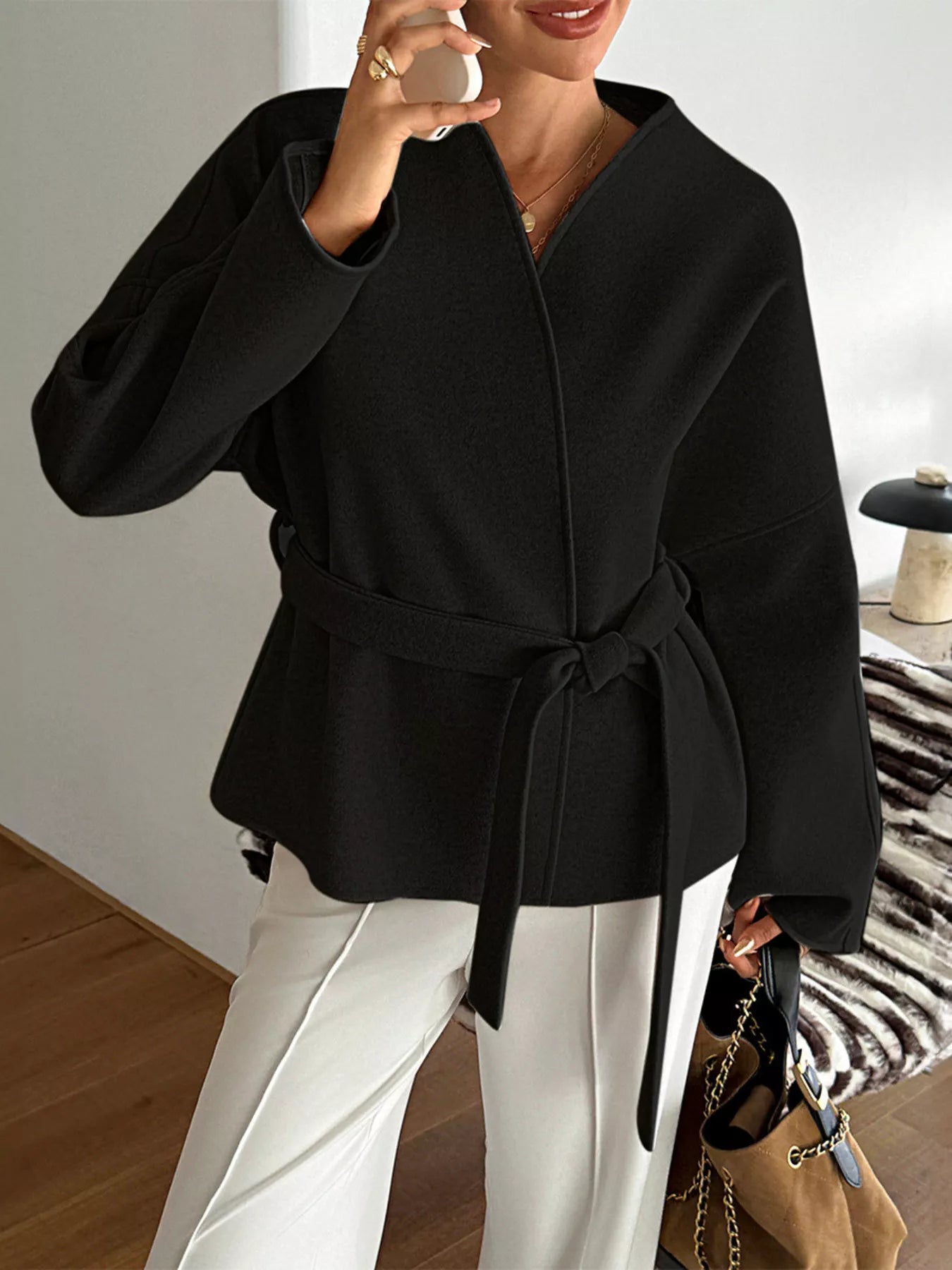 Surplice Dropped Shoulder Tie Belt Outerwear Trendsi