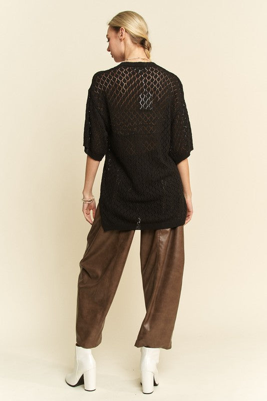 Davi & Dani Side Slit Openwork Round Neck Half Sleeve Knit Cover Up