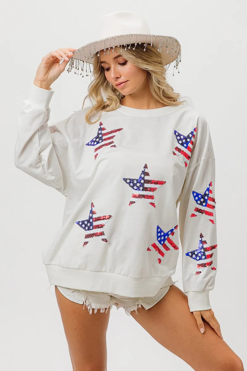 BiBi American Flag Sequin Star Sweatshirt OutfitFlow