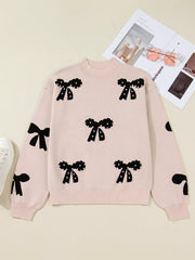 Pearl Embellished Bow Pattern Loose Sweater OutfitFlow