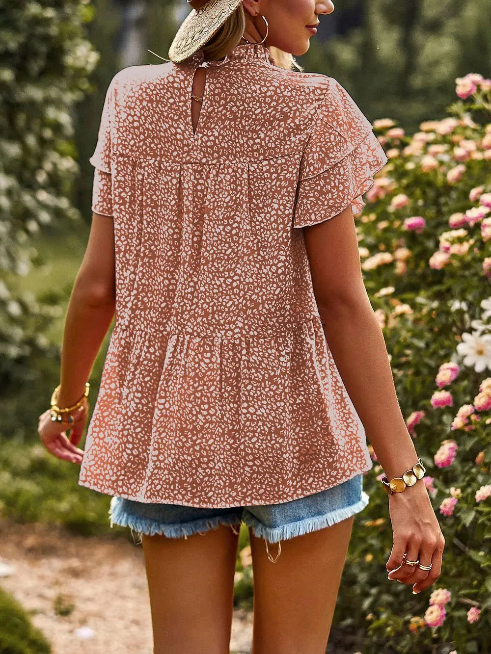 Printed Ruffle Sleeve Babydoll Blouse OutfitFlow