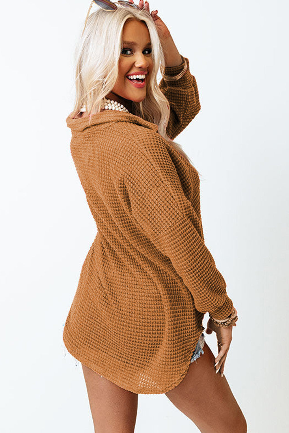 Outfit Flow - Waffle-Knit Collared Neck Long Sleeve Shirt