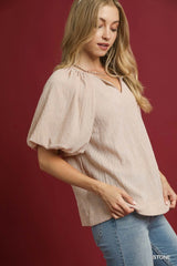Umgee Texture Puff Sleeve Notched Blouse OutfitFlow