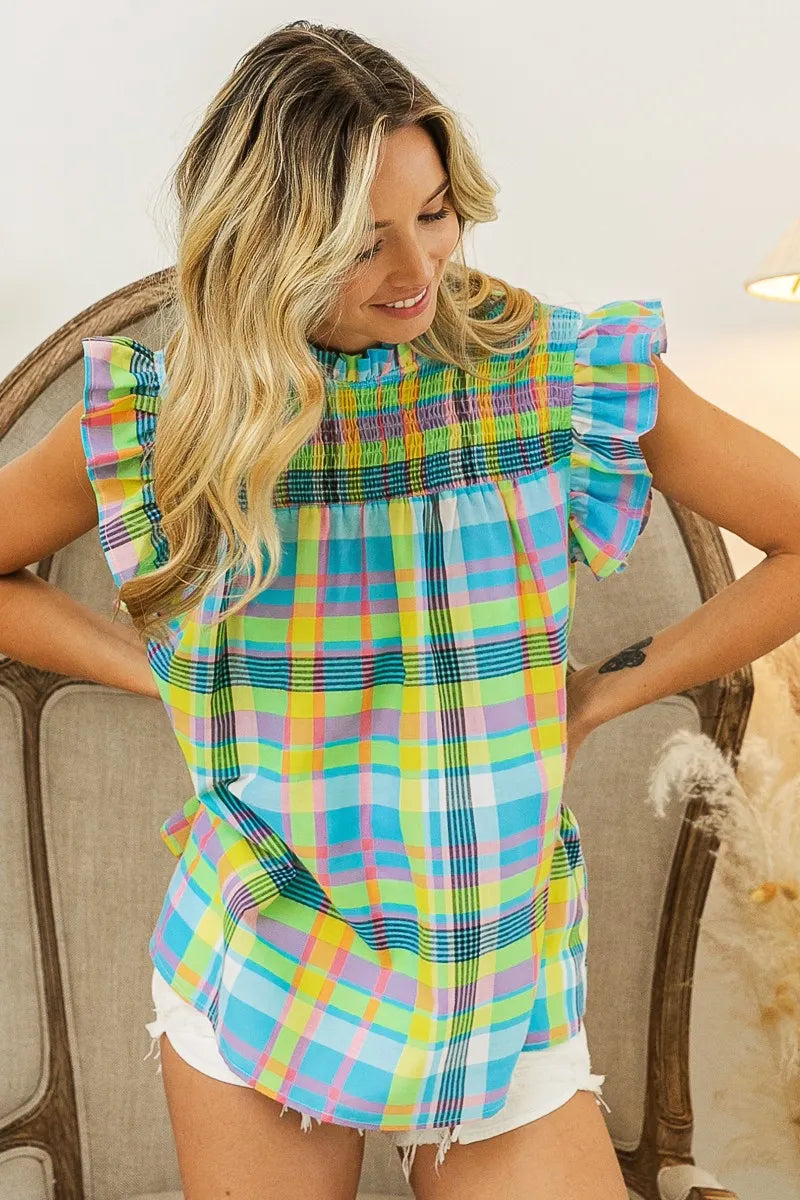 BiBi Multi Color Check Plaid Woven Top OutfitFlow