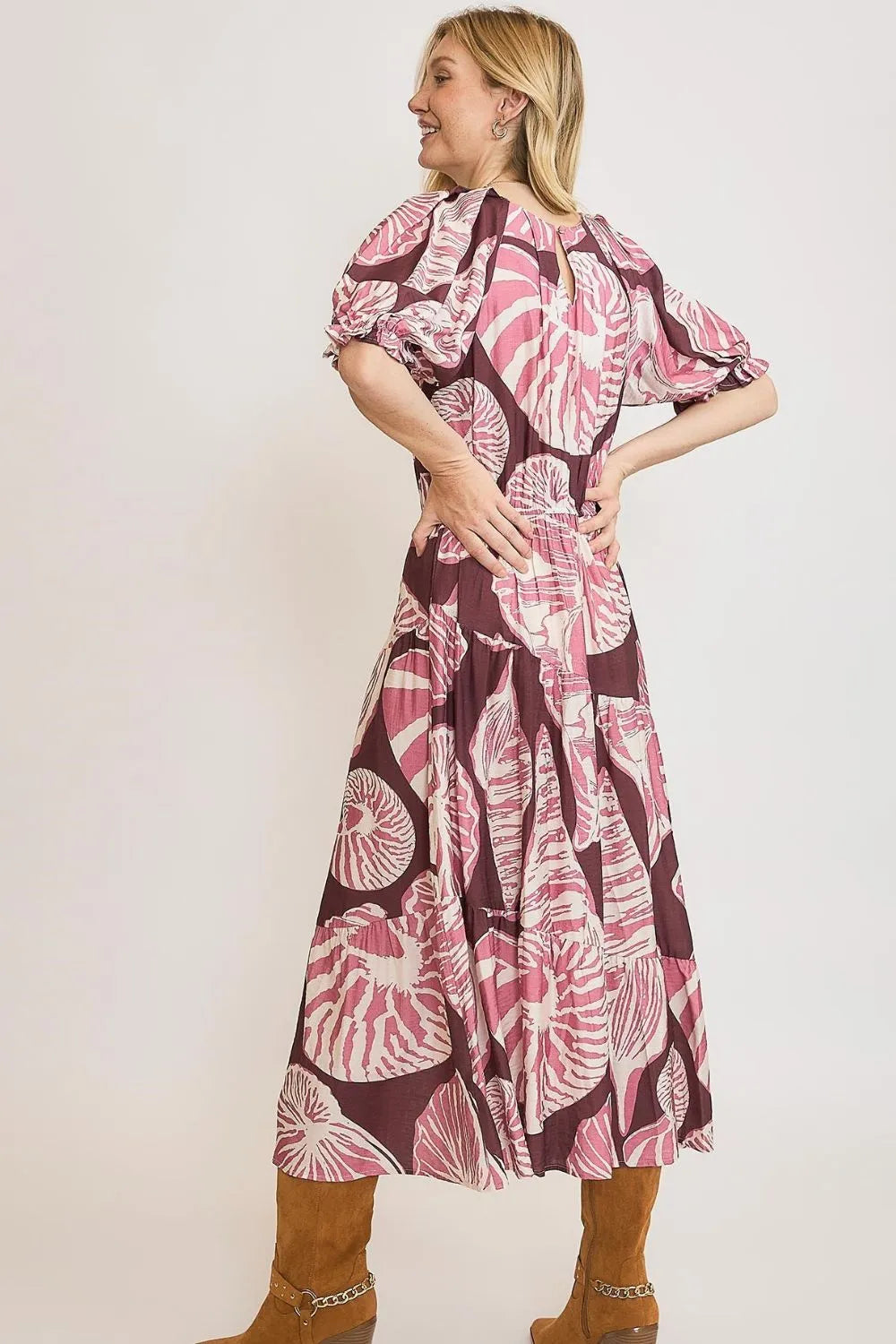 Umgee Full Size Printed Notched Puff Sleeve Midi Dress Plus Size OutfitFlow