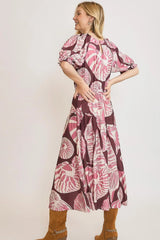 Umgee Full Size Printed Notched Puff Sleeve Midi Dress Plus Size OutfitFlow