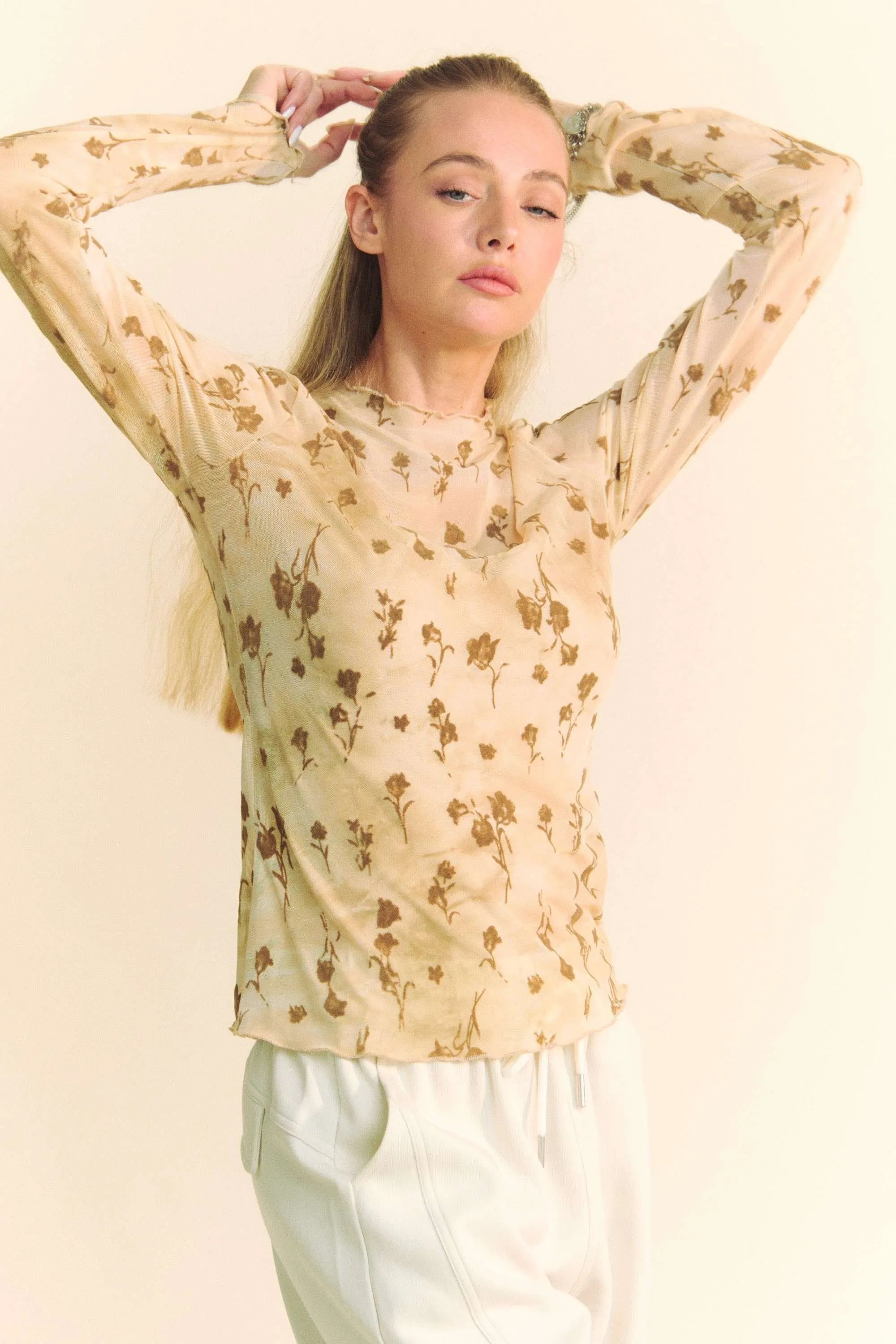 Davi & Dani Floral Mesh Long Sleeve Sheer Layering Top OutfitFlow