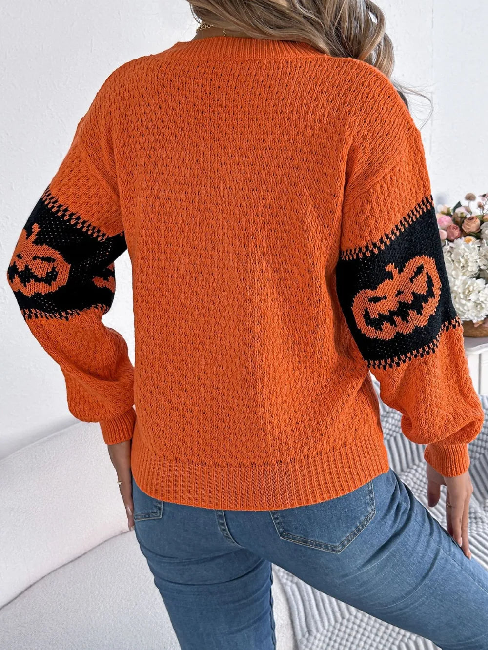 Pumpkin Round Neck Long Sleeve Sweater OutfitFlow