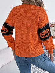 Pumpkin Round Neck Long Sleeve Sweater OutfitFlow