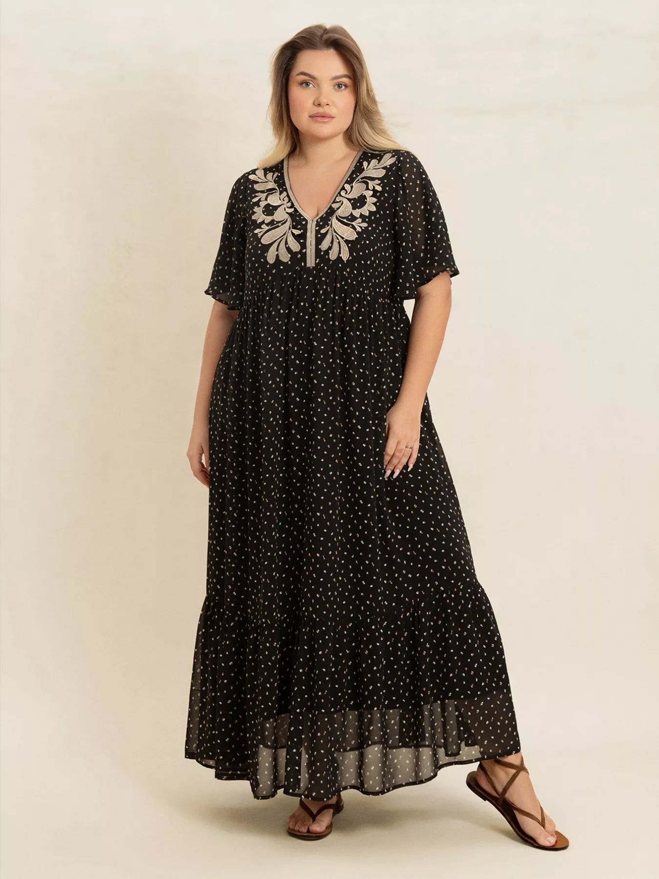 Plus Size Printed V-Neck Flutter Sleeve Maxi Dress OutfitFlow