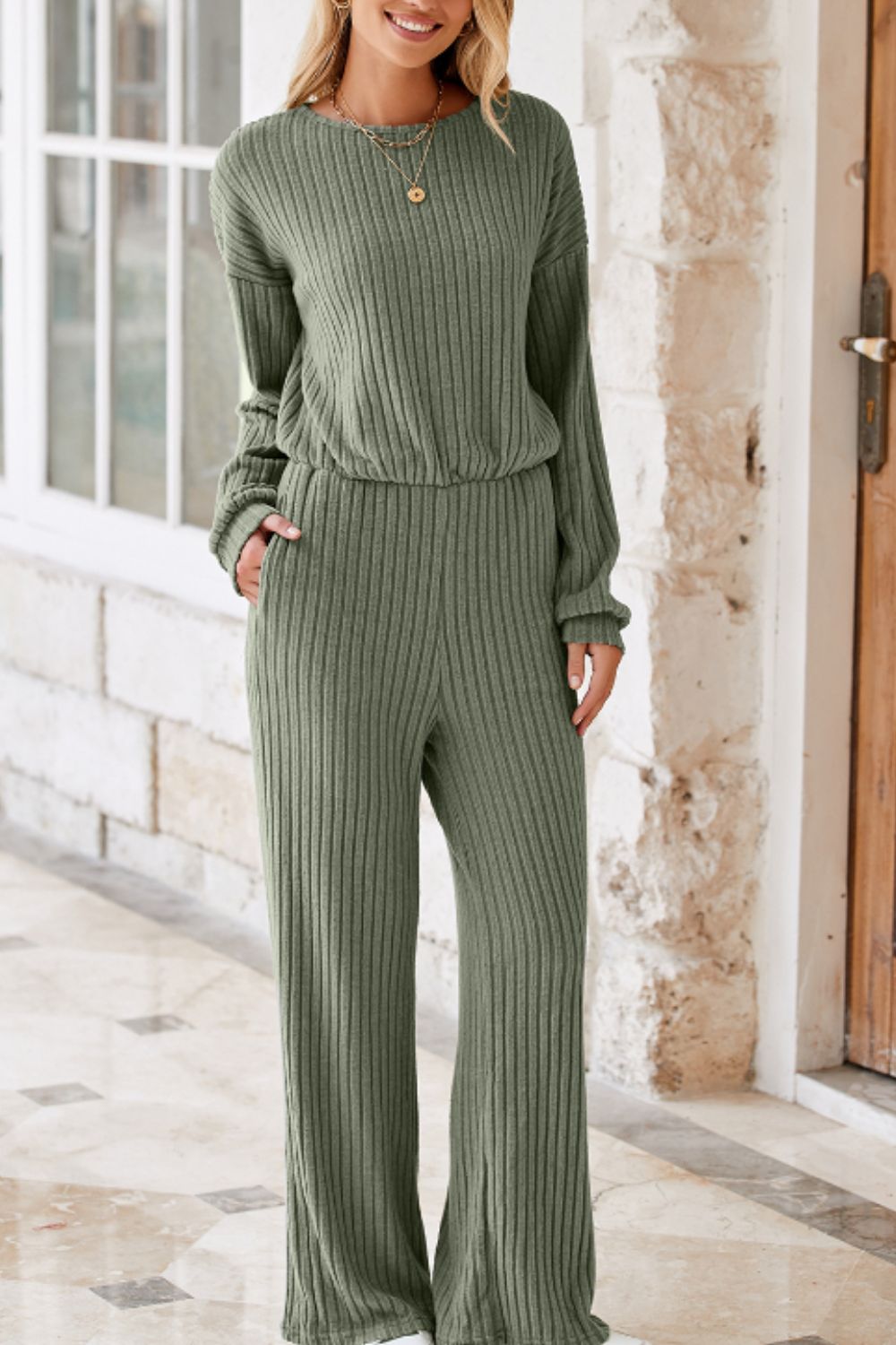 Outfit Flow - Round Neck Long Sleeve Jumpsuit