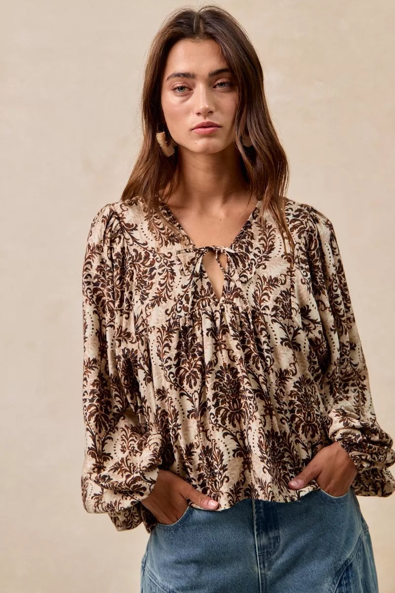 BiBi Printed Woven Front Tied Blouse with Baloon Sleeve OutfitFlow