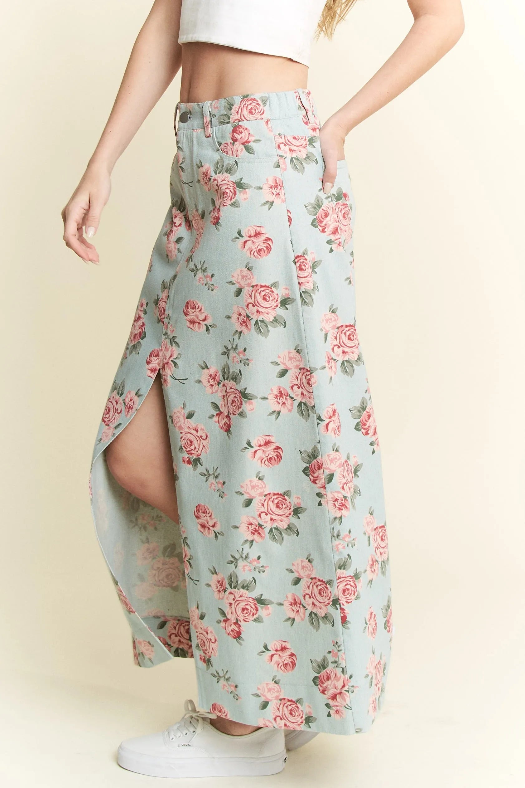 Jade By Jane Full Size Floral Print Front Slit Denim Maxi Skirt Plus Size OutfitFlow