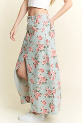 Jade By Jane Full Size Floral Print Front Slit Denim Maxi Skirt Plus Size OutfitFlow