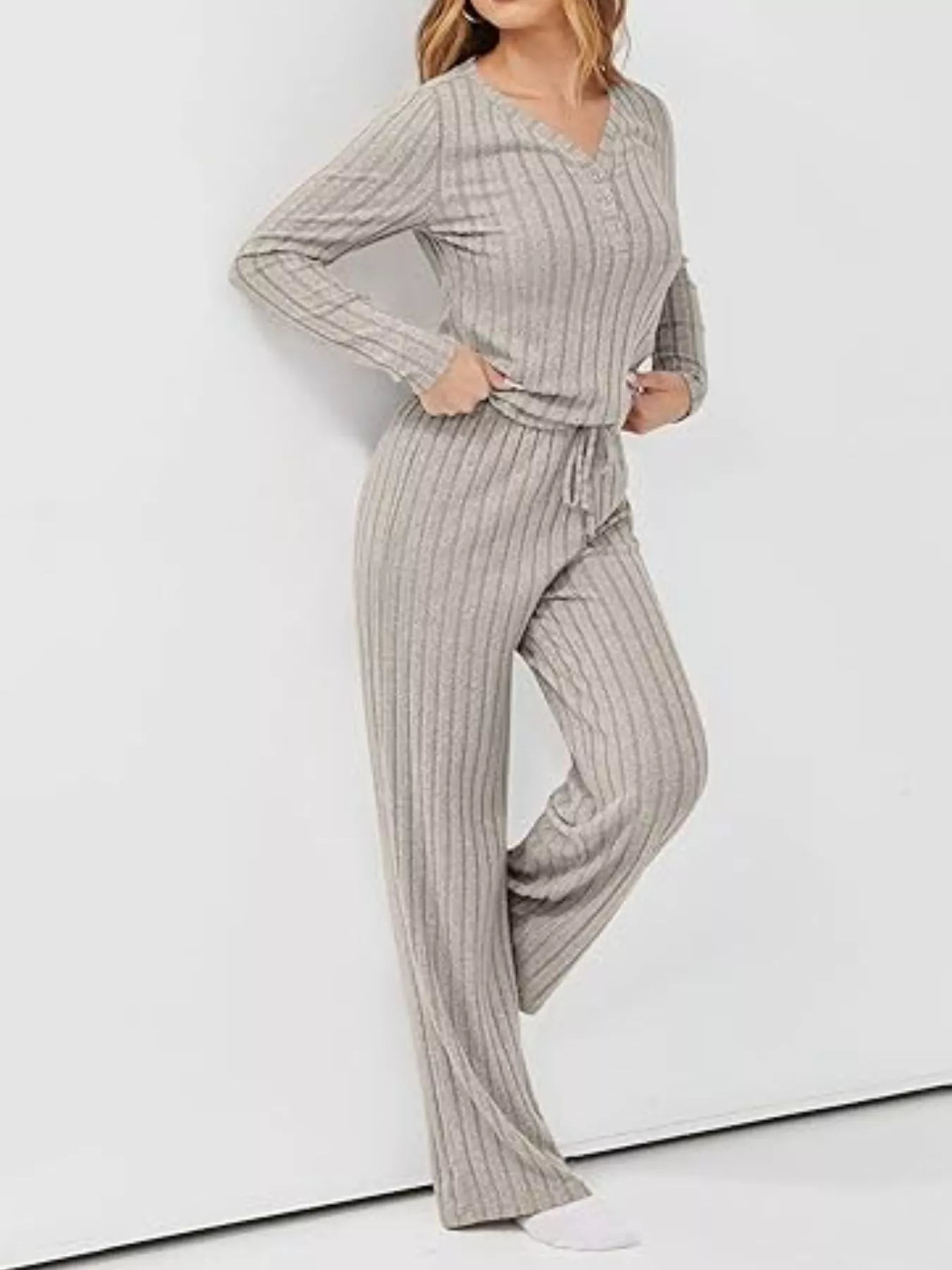 Ribbed Knit Long Sleeve Top and Pants Set OutfitFlow