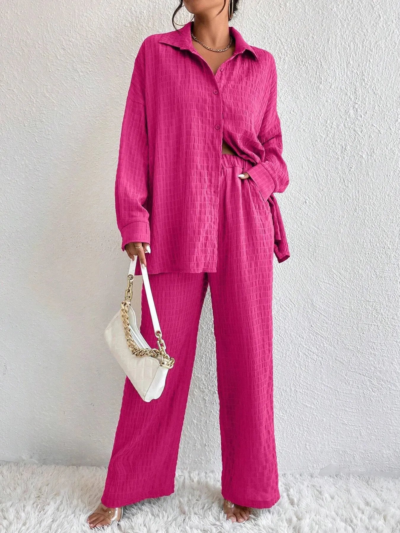 Button Up Long Sleeve Shirt and Pants Set OutfitFlow