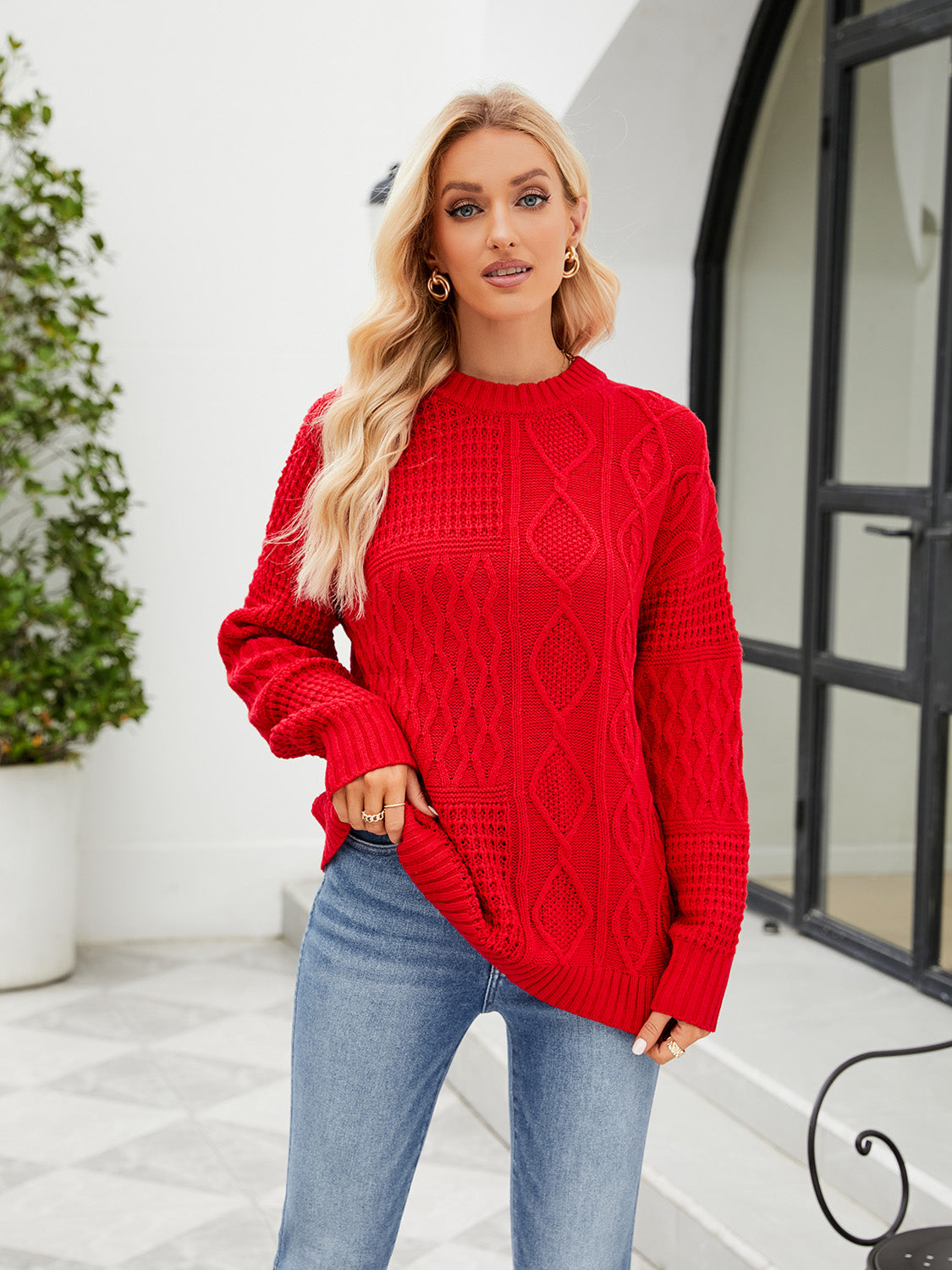 Round Neck Dropped Shoulder Sweater Red OutfitFlow