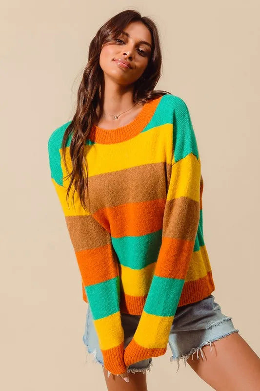 SO ME Multi Color Stripe Sweater with Ribbed Detail OutfitFlow
