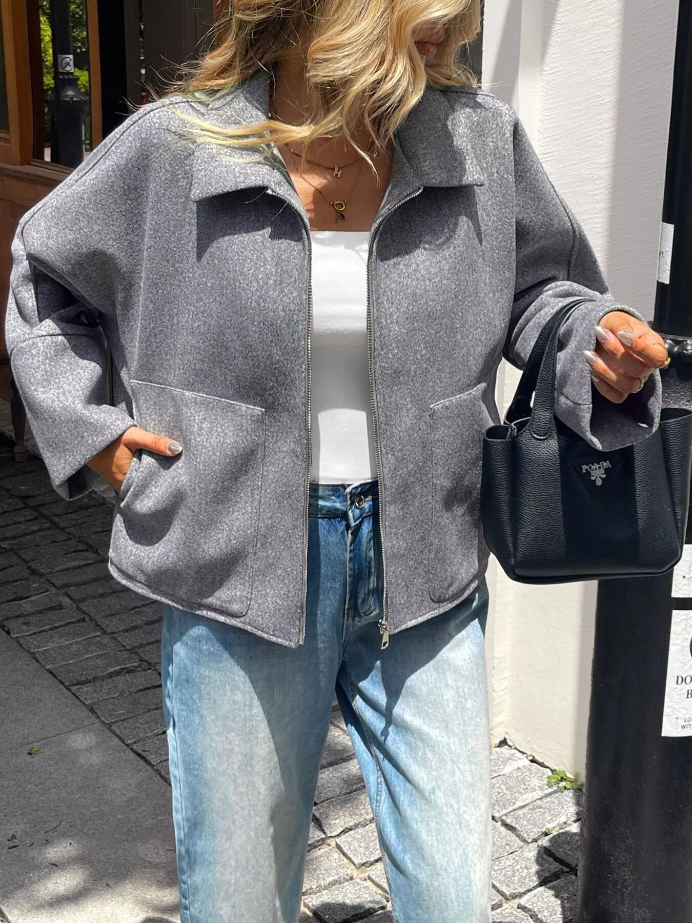 Oversized Collared Neck Zip-Up Jacket Gray OutfitFlow