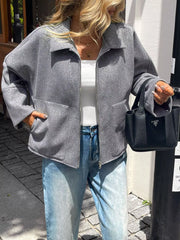 Oversized Collared Neck Zip-Up Jacket Gray OutfitFlow