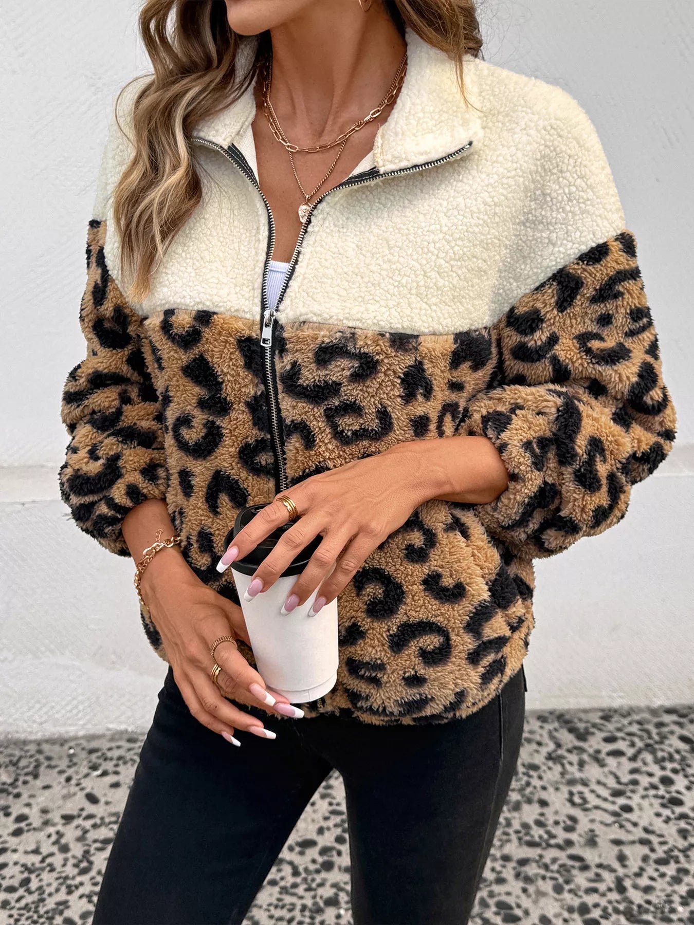 Leopard Zip Up Fleece Jacket OutfitFlow