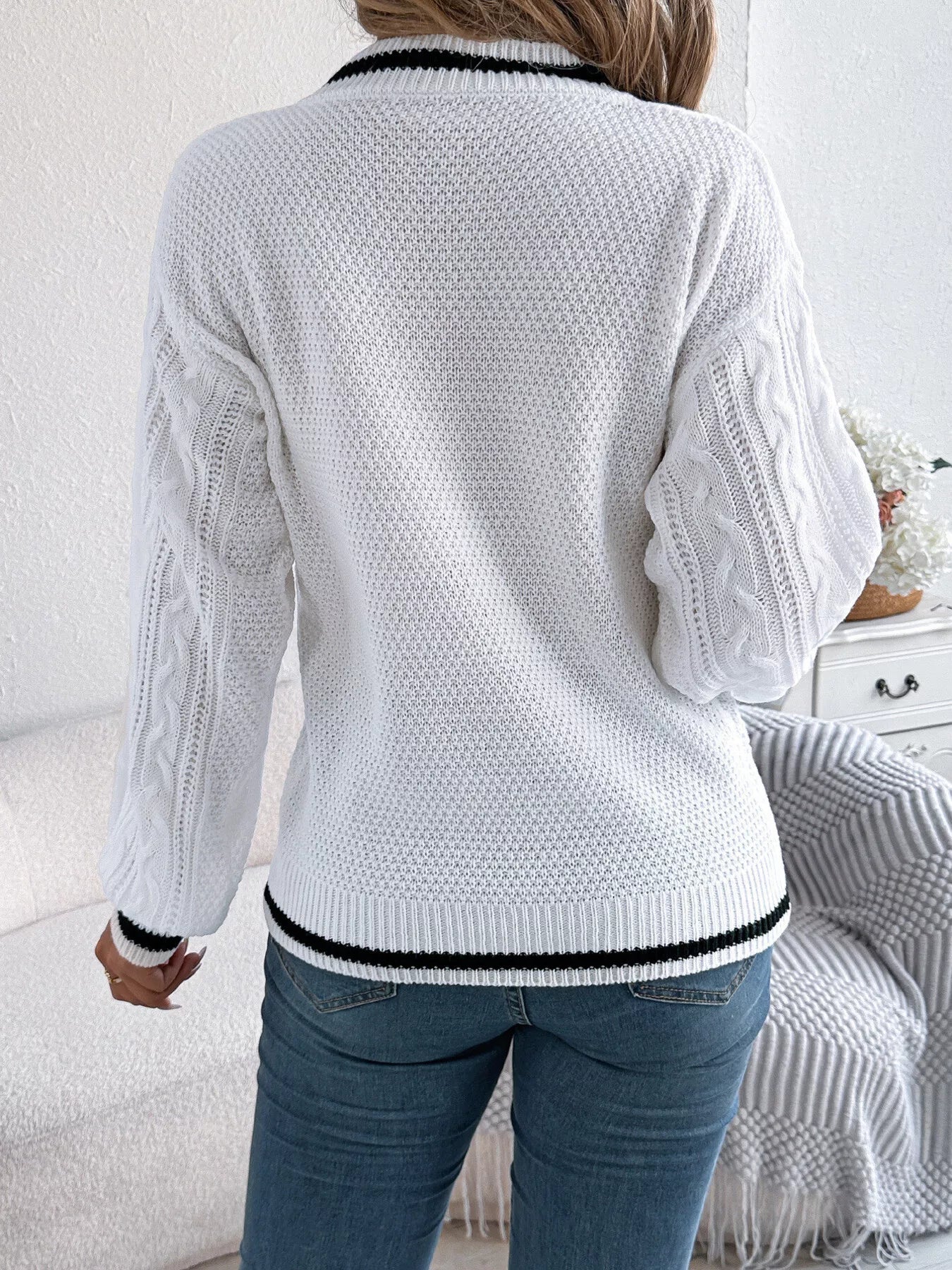 Cable Knit V-Neck Long Sleeve Sweater OutfitFlow