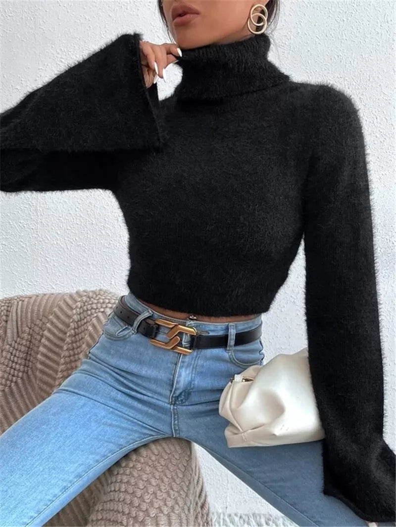 Fluffy Knit Turtleneck Bell Sleeve Cropped Sweater OutfitFlow