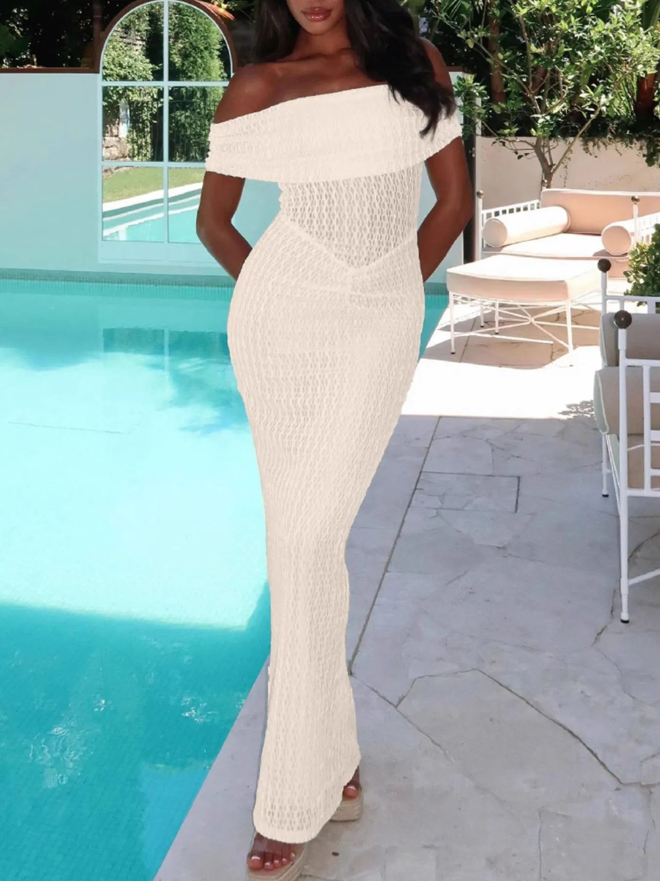 Off Shoulder Texture Maxi Dress OutfitFlow