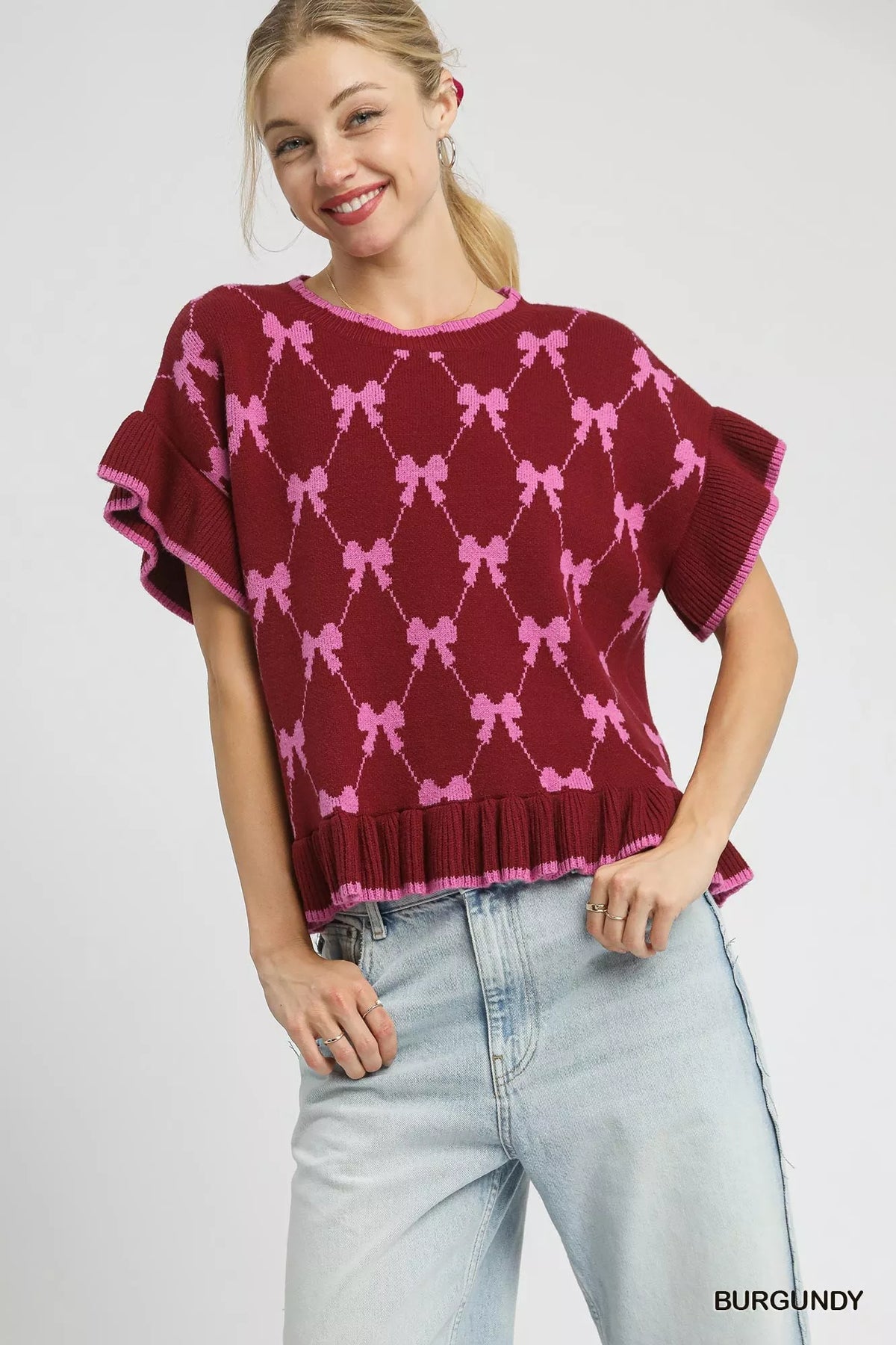 Umgee Bow Knit Ruffle Sleeve Sweater Burgundy Trendsi