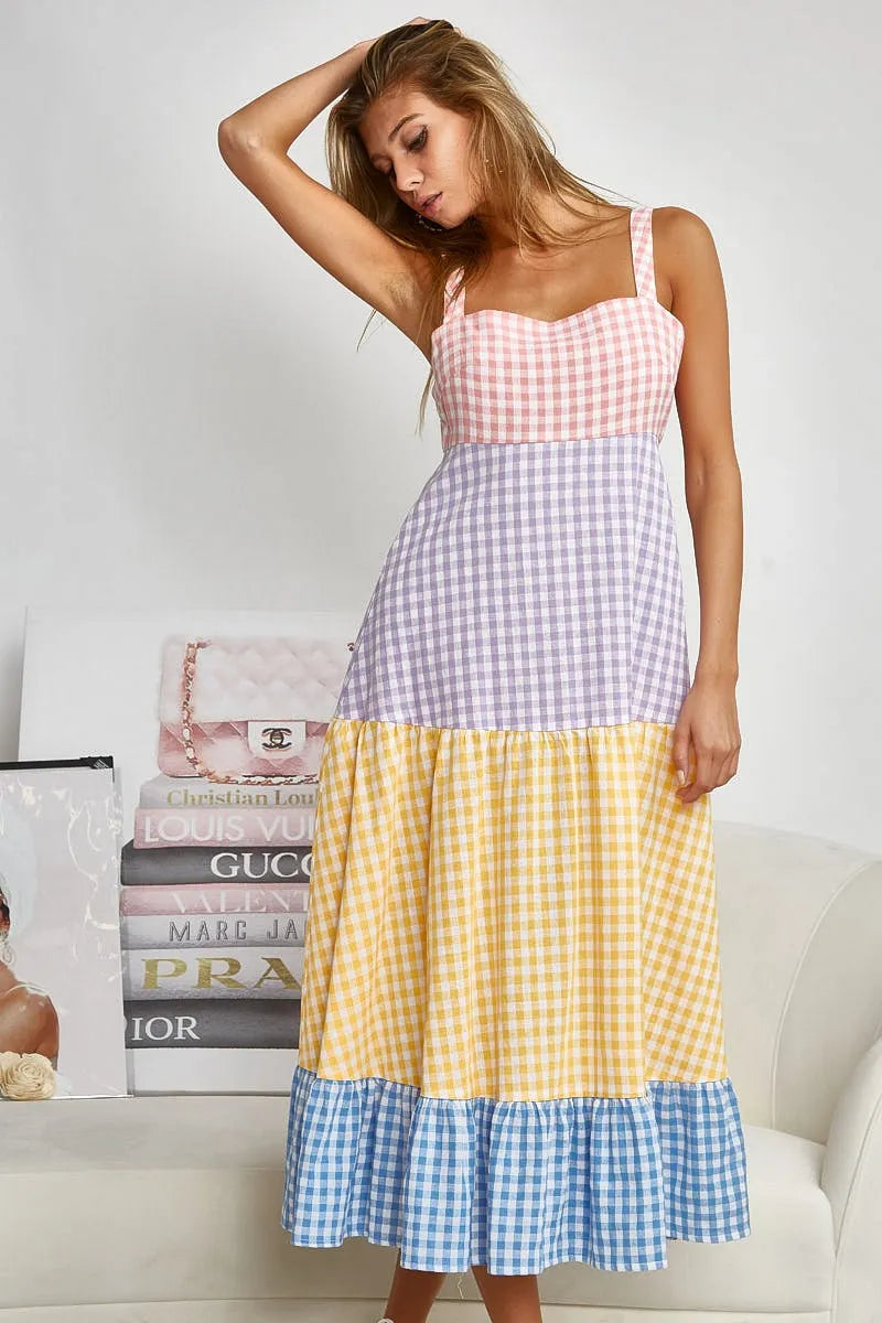BiBi Color Block Tiered Gingham Dress OutfitFlow