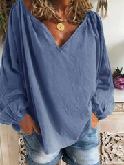 Plus Size V-Neck Long Sleeve Blouse Dusty Blue OutfitFlow