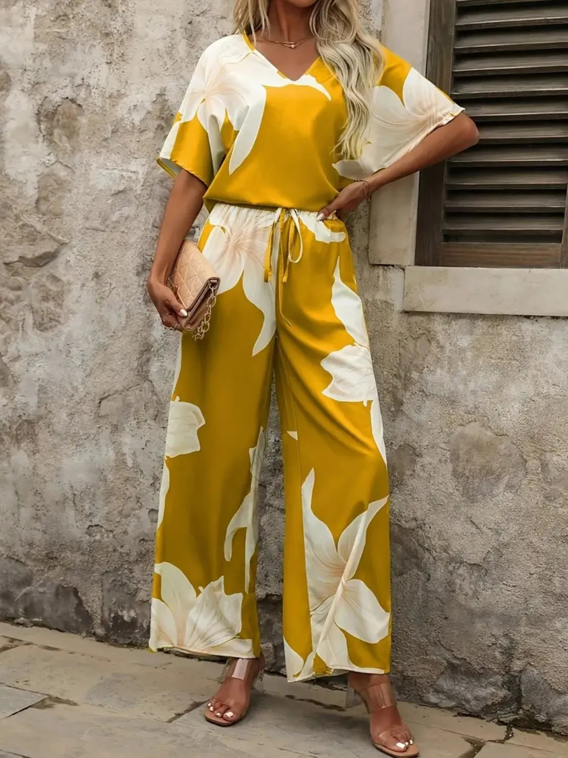 Printed V-Neck Top and Wide Leg Pants Set OutfitFlow