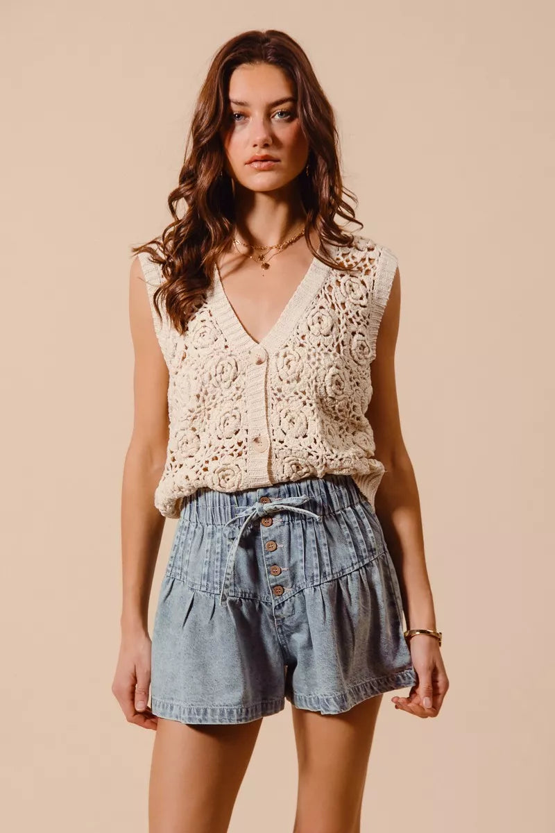 SO ME Flared Denim Shorts with Elasticized Waist OutfitFlow