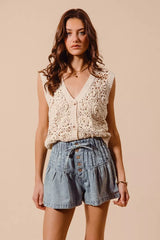 SO ME Flared Denim Shorts with Elasticized Waist OutfitFlow