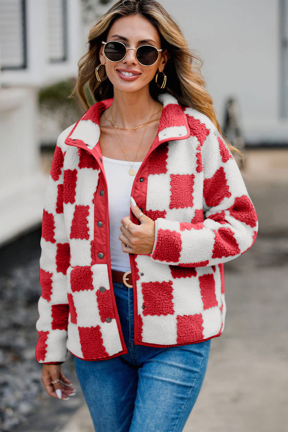 Outfit Flow - Checkered Snap Down Long Sleeve Teddy Jacket