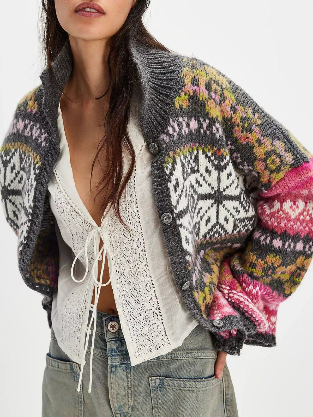 Vintage Button Up Knit Cardigan Gray OutfitFlow