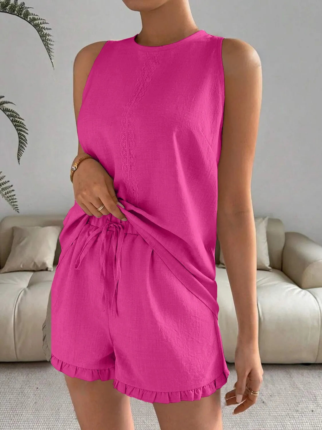Lace Detail Round Neck Tank and Shorts Set Hot Pink OutfitFlow