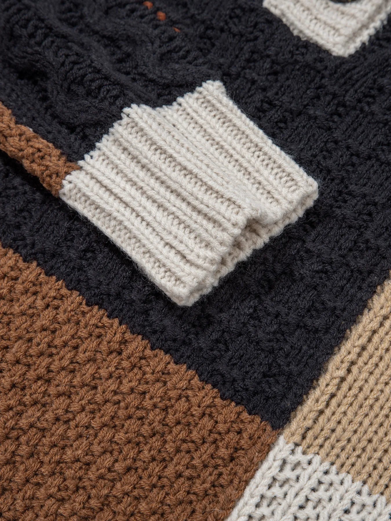 Multicolour Color Block Cable Knit Sleeve Buttons Collared Sweater OutfitFlow
