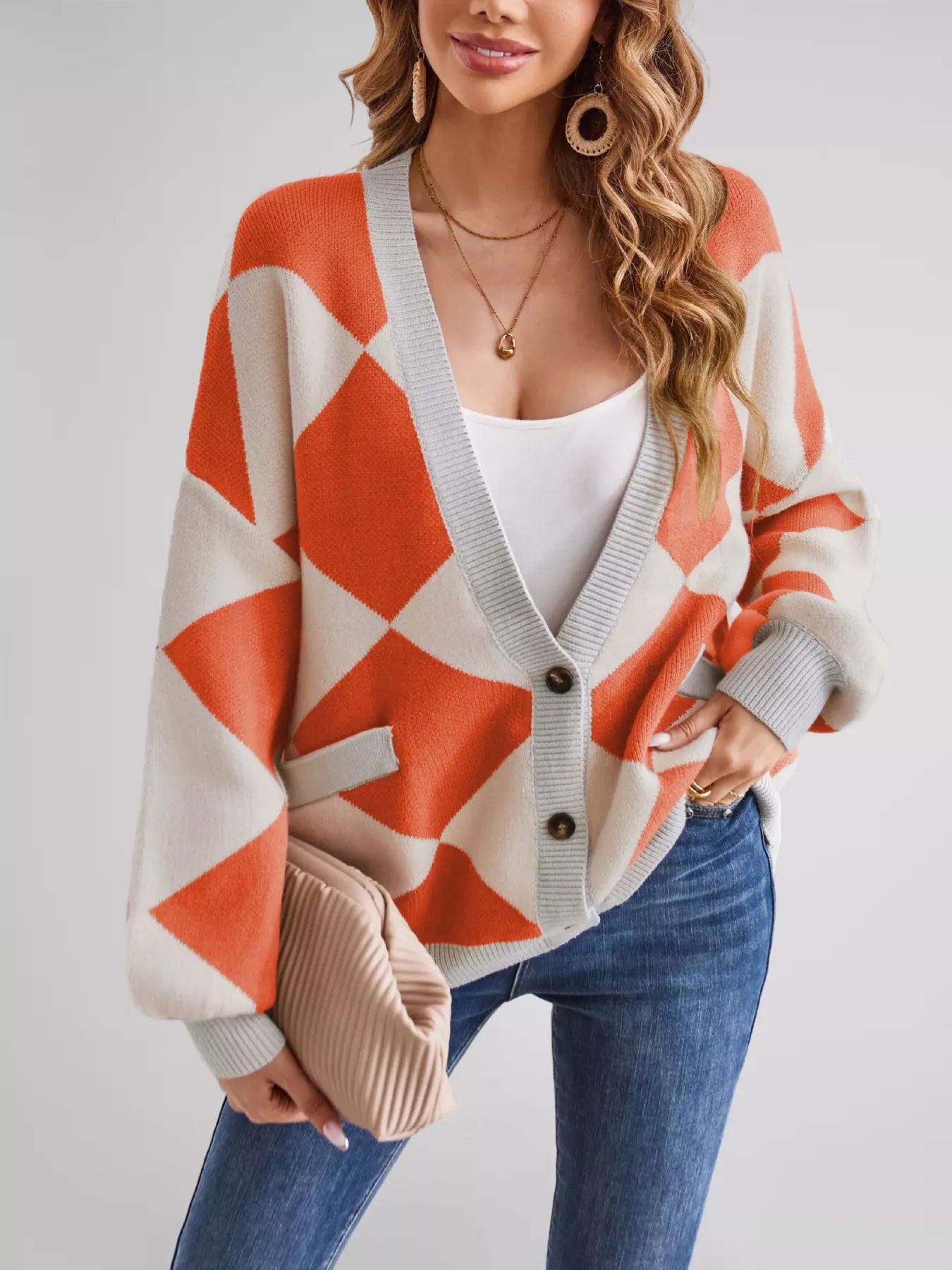 Diamond Pattern Button-Up Knit Cardigan Orange Red OutfitFlow