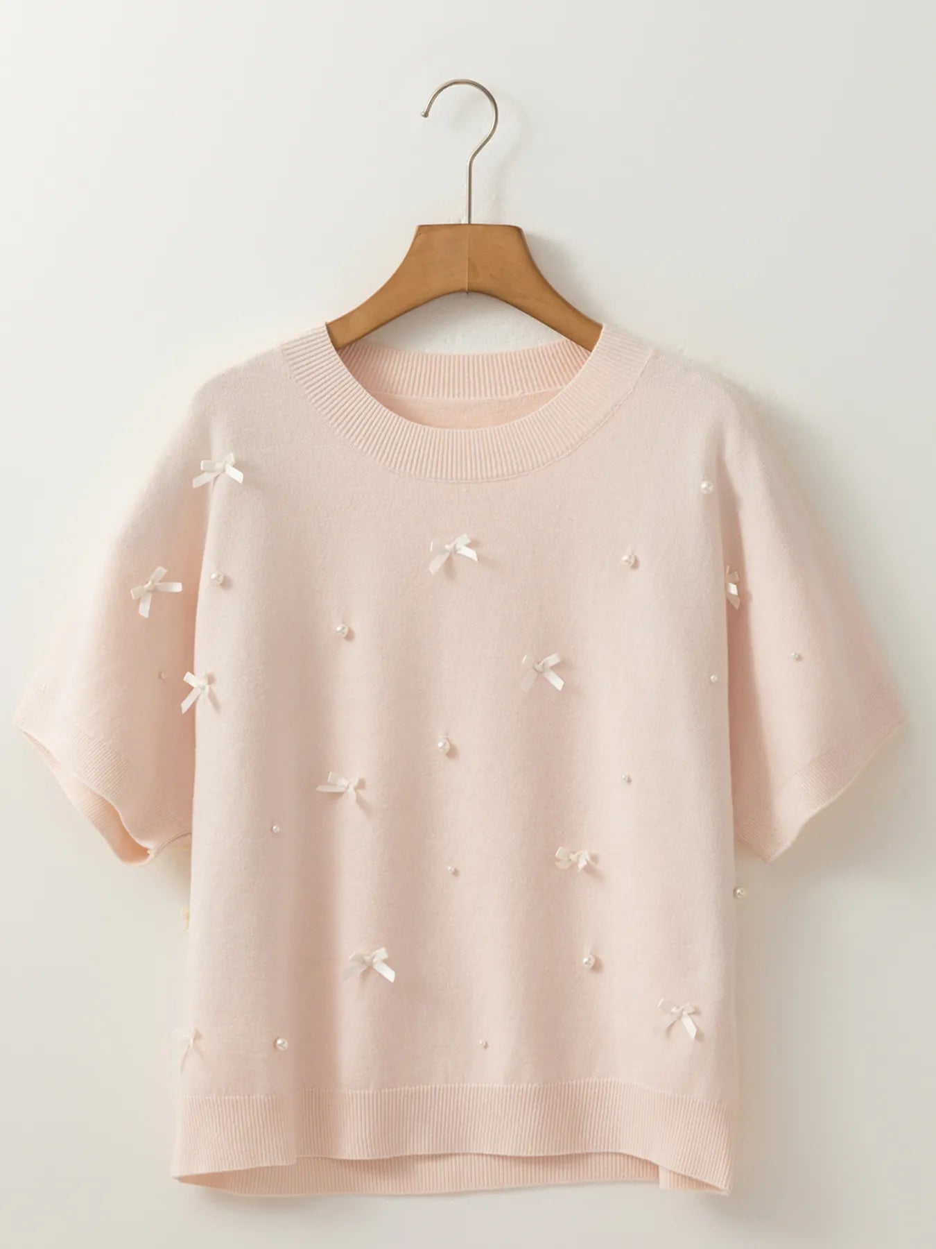 Pearl Embellished Bow Detail Short Sleeve Sweater OutfitFlow