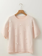 Pearl Embellished Bow Detail Short Sleeve Sweater OutfitFlow