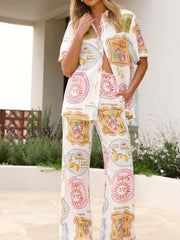 Printed Button Up Shirt and Pants Set OutfitFlow