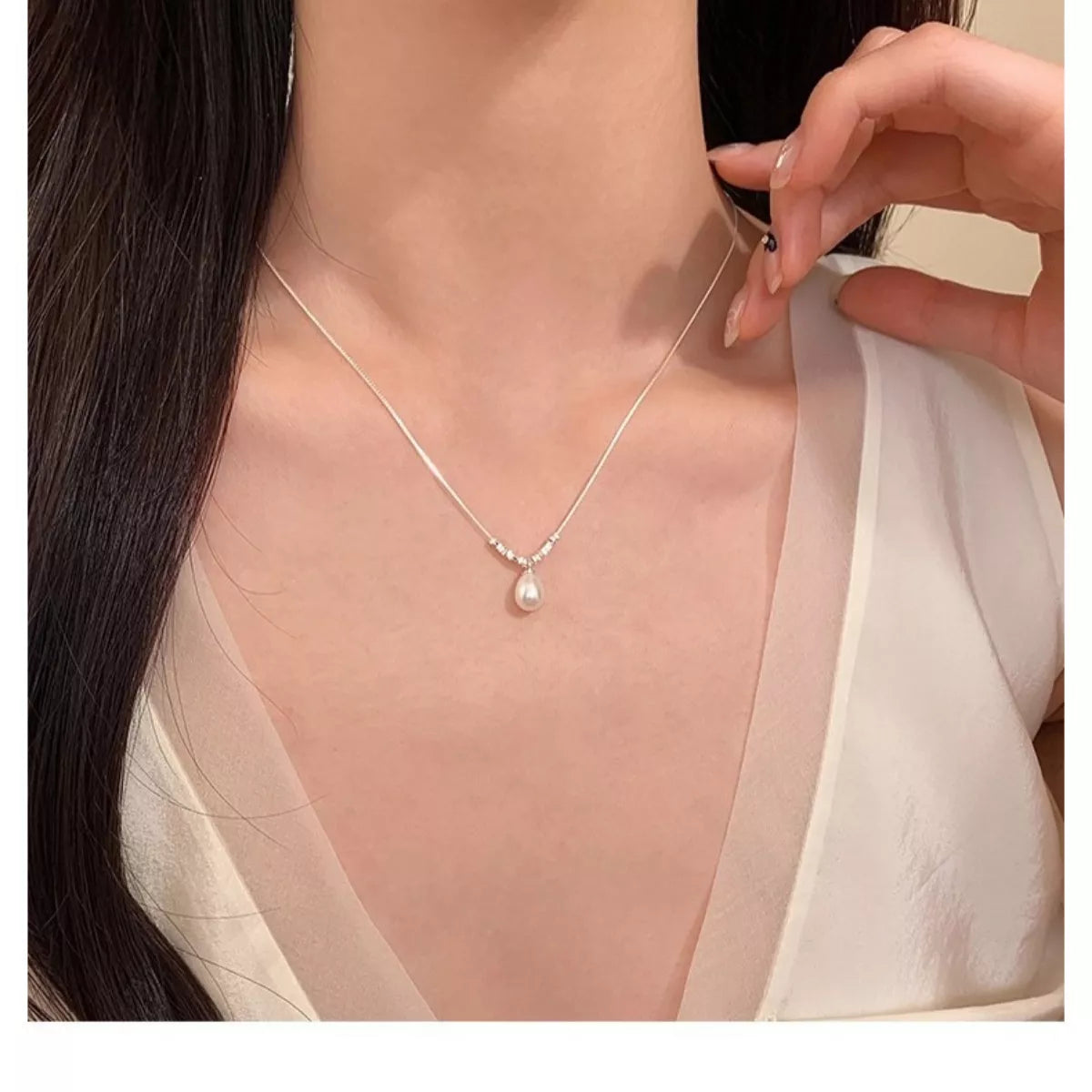 925 Sterling Silver Pearl Drop Necklace Silver ONESIZE Trendsi